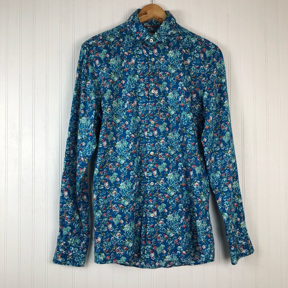 Zara Multicolor Floral Button Up Shirt Sz S Slim Fit